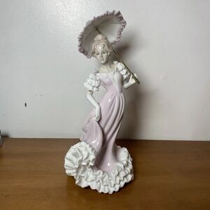 Valencia Porcelain Figurine Decor Women Umbrella Pink Dress Vintage 2001